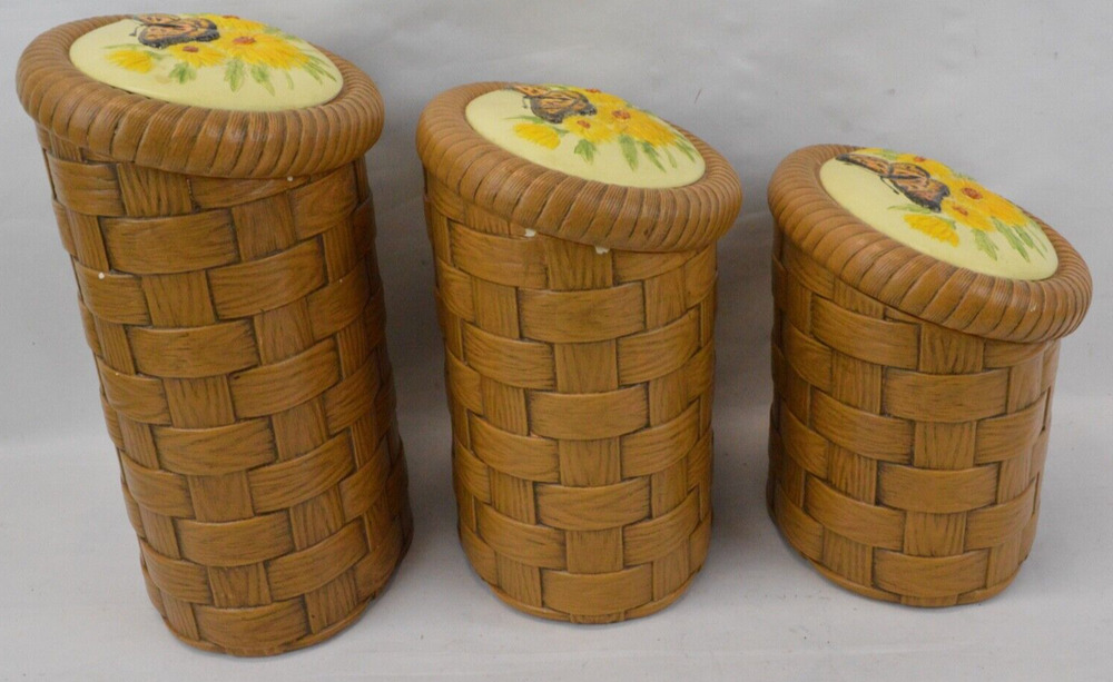 SunFlower Shape 3D Ceramic Cookie Jar Canister Bamboo Weave Basket Butterfly Set
